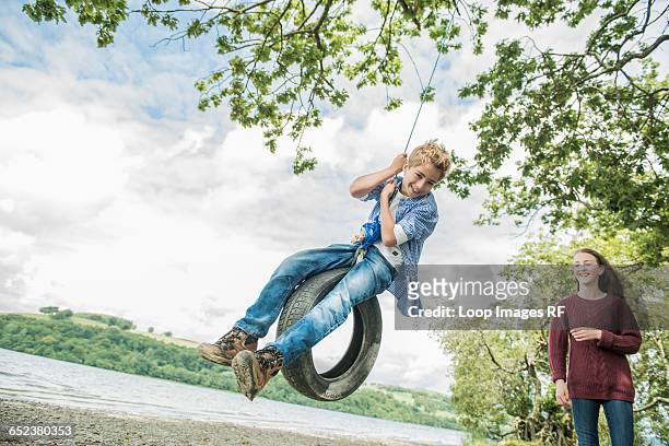 a girl and a boy playing on a tyre hanging from a tree on the shore beside bala lake in wales - tyre swing stock pictures, royalty-free photos & images
