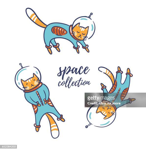 Grappige katten astronauten in de ruimte geïsoleerd op wit, vectorillustratie.