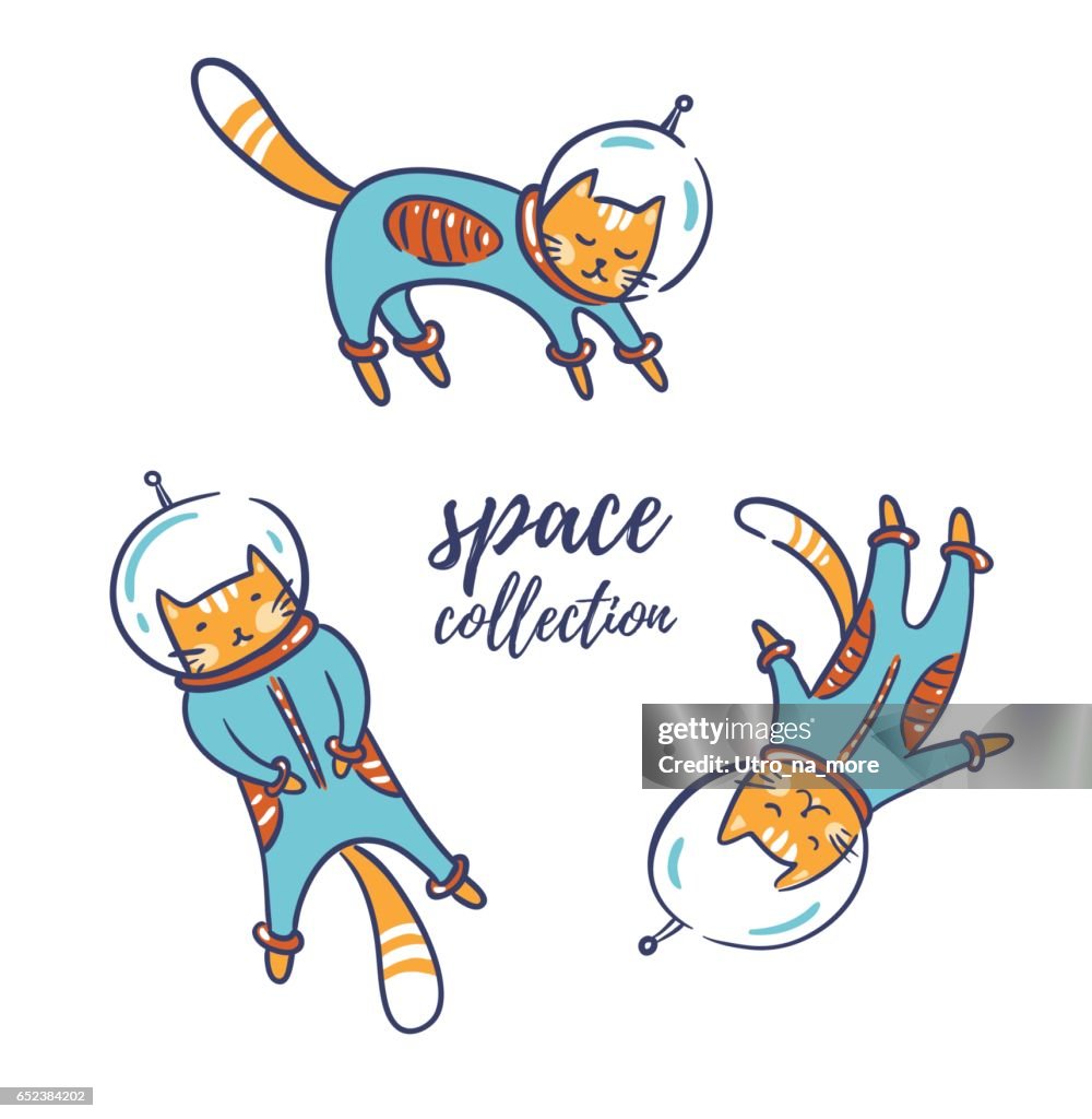 Funny cats astronauts in space isolated on white, vector illustration.