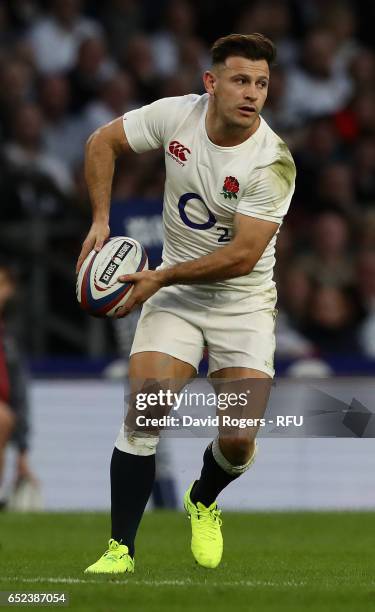 Danny Care of England passes the ball during the RBS Six Nations match between England and Scotland at Twickenham Stadium on March 11, 2017 in...