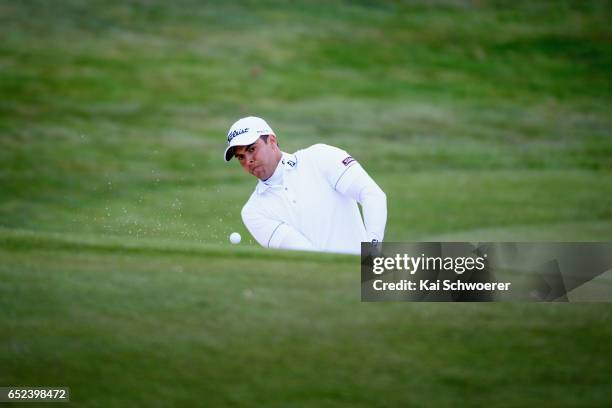 Dimitrios Papadatos of Australia plays a bunker shot during day four of the New Zealand Open at Millbrook Resort on March 12, 2017 in Queenstown, New...