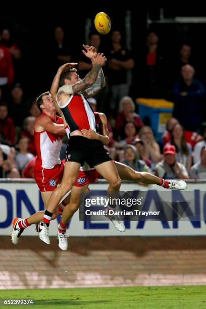 Tim Membrey of the Saints attempts to mark in the final momentsd before the siren during the JLT Community Series AFL match between the St Kilda...