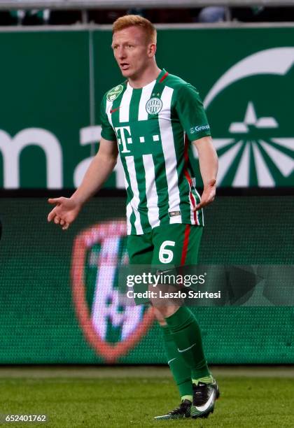 Laszlo Kleinheisler of Ferencvarosi TC fling out his arms due to the referee's decision during the Hungarian OTP Bank Liga match between Ferencvarosi...