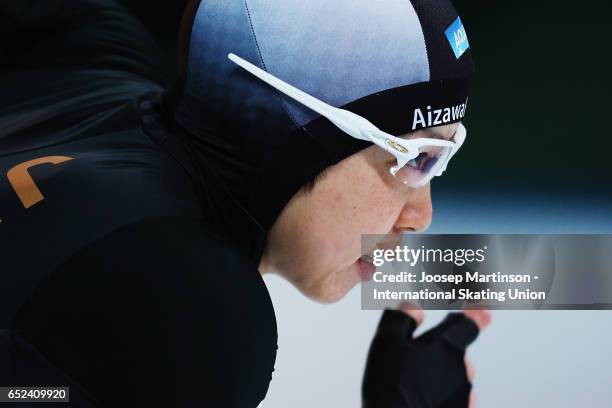 Nao Kodaira of Japan prepares in the Ladies 500m during day 2 of the ISU World Cup Speed Skating at Soermarka Arena on March 12, 2017 in Stavanger,...