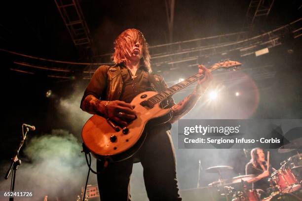 Matt Gabs and Joey O'Brien of American rock band Biters open the concert of American Southern rock band Blackberry Smoke on March 11, 2017 in Milan,...