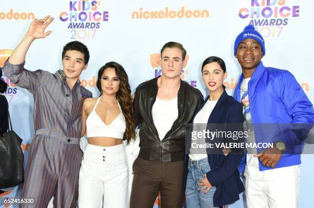The cast of Power Rangers, Ludi Lin, Becky G, Dacre Montgomery, Naomi Scott and RJ Cyler arrive for the 30th Annual Nickelodeon Kids' Choice Awards,...