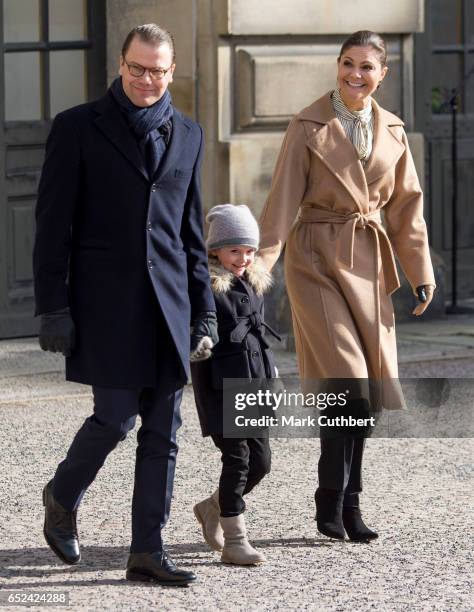 Prince Daniel, Duke of Vastergotland and Princess Estelle of Sweden with Crown Princess Victoria of Sweden as she celebrates her name day at The...