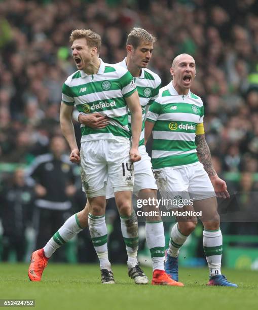 Stuart Armstrong of Celtic celebrates after he scores during the Ladbrokes Scottish Premiership match between Celtic and Rangers at Celtic Park on...