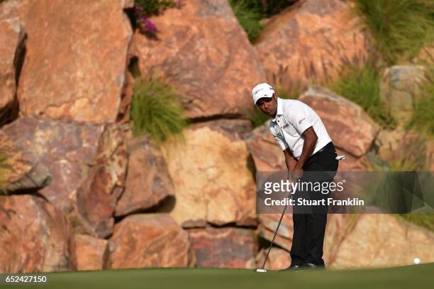Chawrasia of India putts on the 17th hole during the final round of the Hero Indian Open at Dlf Golf and Country Club on March 12, 2017 in New Delhi,...