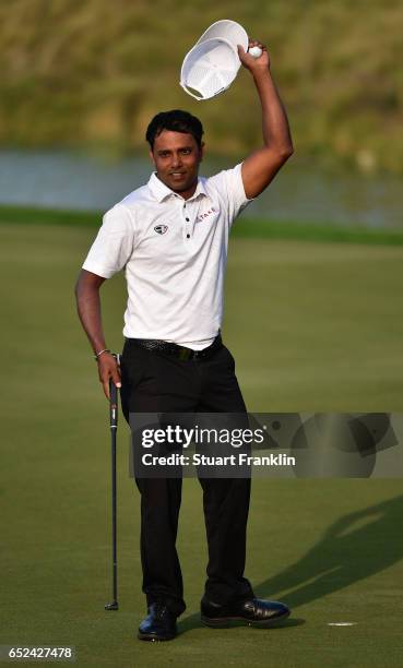 Chawrasia of India celebrates his win on the 18thhole during the final round of the Hero Indian Open at Dlf Golf and Country Club on March 12, 2017...