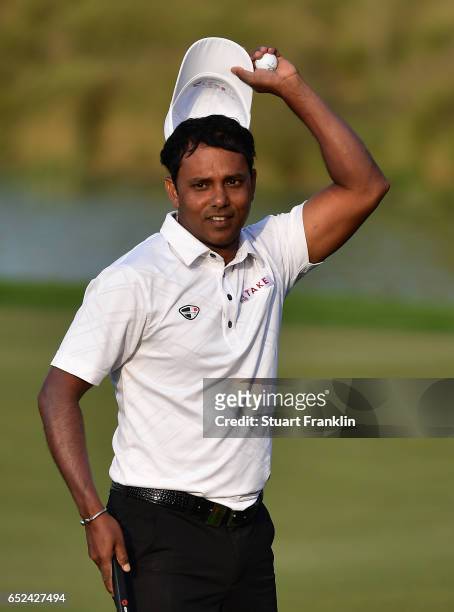 Chawrasia of India celebrates his win on the 18thhole during the final round of the Hero Indian Open at Dlf Golf and Country Club on March 12, 2017...