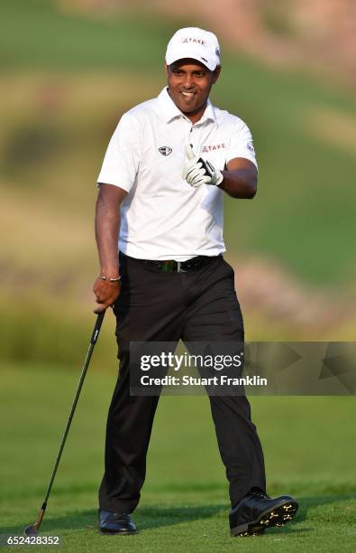 Chawrasia of India celebrates his win on the 18th hole during the final round of the Hero Indian Open at Dlf Golf and Country Club on March 12, 2017...