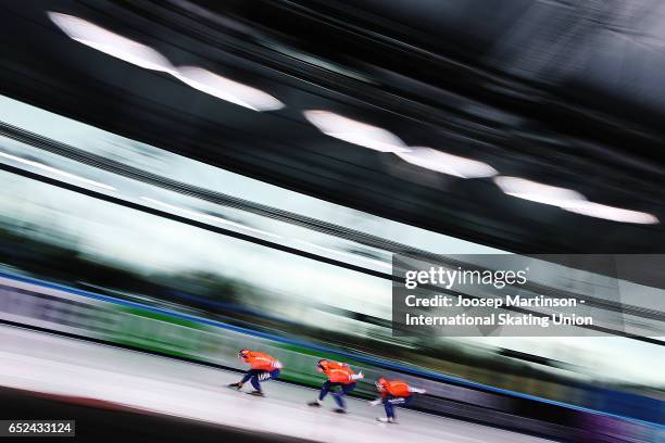 Team Netherlands compete in the Men's Team Sprint during day 2 of the ISU World Cup Speed Skating at Soermarka Arena on March 12, 2017 in Stavanger,...