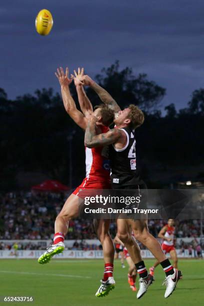 Tim Membrey of the Saints spoils Luke Parker of the Swans during the JLT Community Series AFL match between the St Kilda Saints and the Sydney Swans...