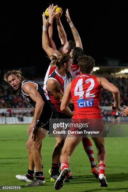 Darcy Cameron of the Swans attempts to mark the ball during the JLT Community Series AFL match between the St Kilda Saints and the Sydney Swans at...