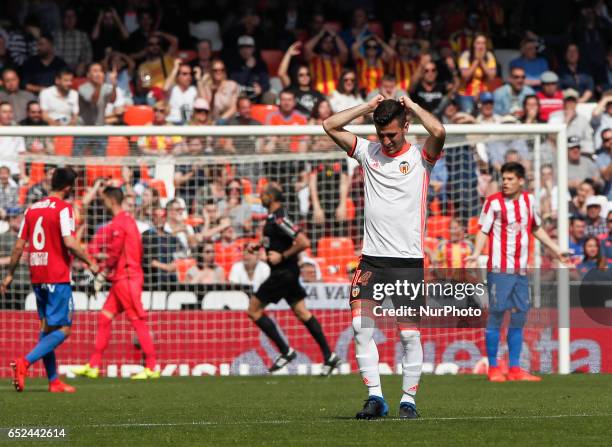 Jose Luis Gaya of Valencia CF reacts during the Spanish La Liga Santander soccer match between Valencia CF vs Real Sporting de Gijon at Mestalla...