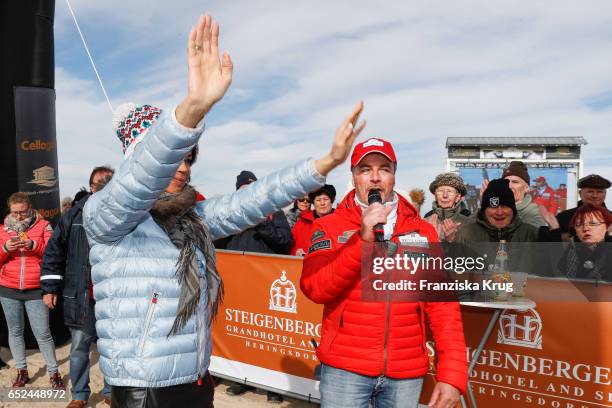 German actor Till Demtroeder with german actress Gerit Kling on March 12, 2017 after her accident on March 11 during the 'Baltic Lights' sled dog...