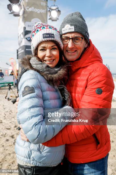 German actress Gerit Kling with her husband Wolfram becker on March 12, 2017 after her accident on March 11 during the 'Baltic Lights' sled dog race...