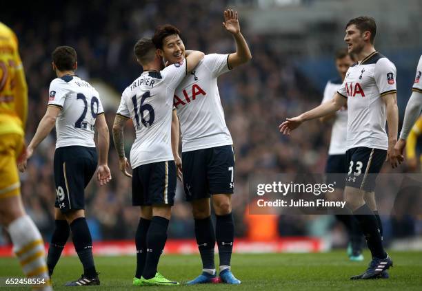 Heung-Min Son of Tottenham Hotspur celebrates scoring his sides second goal with Kieran Trippier of Tottenham Hotspur during The Emirates FA Cup...