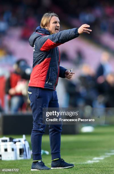 Crotones coach Davide Nicola gestures during the Serie A match between SSC Napoli and FC Crotone at Stadio San Paolo on March 12, 2017 in Naples,...