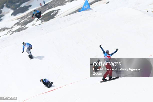 Pierre Vaultier of France wins the gold medal, Lucas Eguibar wins the silver medal, Alex Pullin of Australia wins the bronze medal during the FIS...