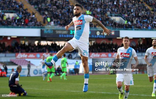 Napolis player Lorenzo Insigne celebrates after scoring goal 1-0 during the Serie A match between SSC Napoli and FC Crotone at Stadio San Paolo on...