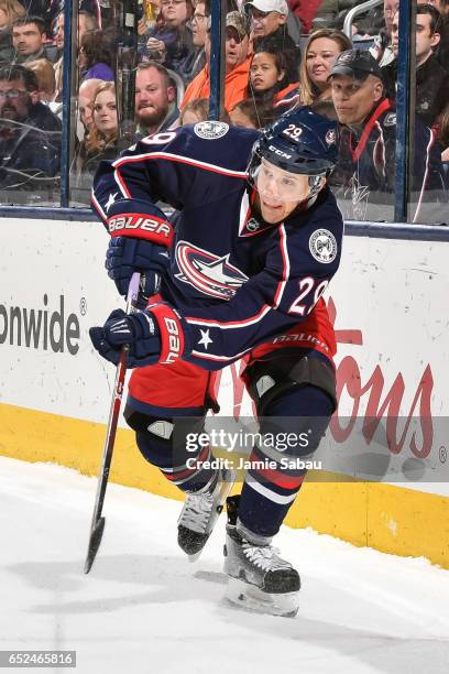 Lauri Korpikoski of the Columbus Blue Jackets skates against the Buffalo Sabres on March 10, 2017 at Nationwide Arena in Columbus, Ohio.