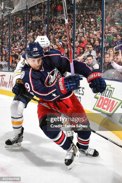 Lauri Korpikoski of the Columbus Blue Jackets skates against the Buffalo Sabres on March 10, 2017 at Nationwide Arena in Columbus, Ohio.