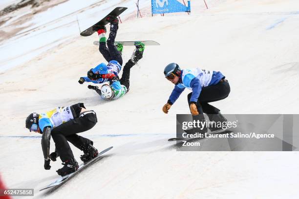 Hagen Kearney of USA competes, Alex Deibold of USA competes, Luca Matteotti of Italy crashes out, Kevin Hill of Canada crashes out during the FIS...