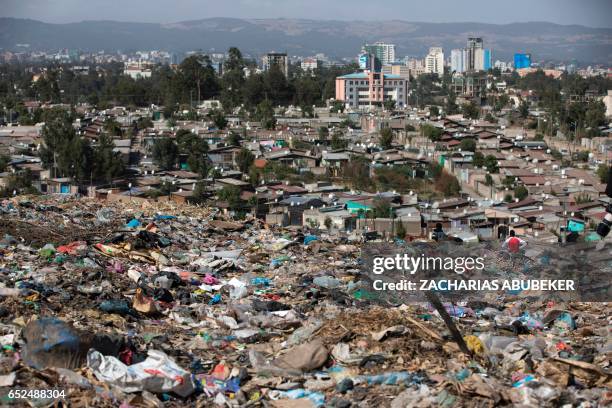 Photo taken on March 12, 2017 shows a view of Addis Ababa from the main landfill on the outskirts of the city, after a landslide at the dump left at...