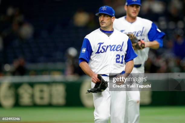 Jason Marquis of Team Israel walks back to dugout after the second inning during Game 1 of Pool E against Team Cuba at the Tokyo Dome on Sunday,...