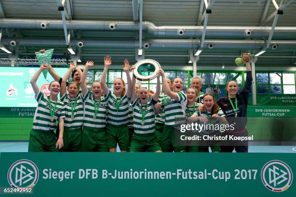 The team of SV Alberweiler celebrates winning the B Junior Girl's German Futsal Championship final between SV Alberweiler and 1. FC Koeln 3-0 at...