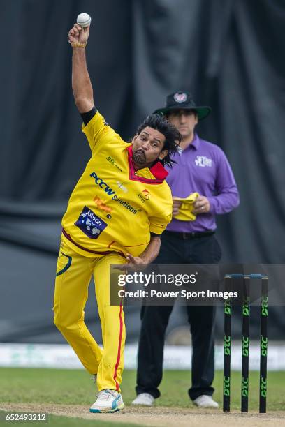 Thilakaratna Dilshan of City Kaitak bowls during the Hong Kong T20 Blitz match between HKI United and City Kaitak at Tin Kwong Road Recreation Ground...