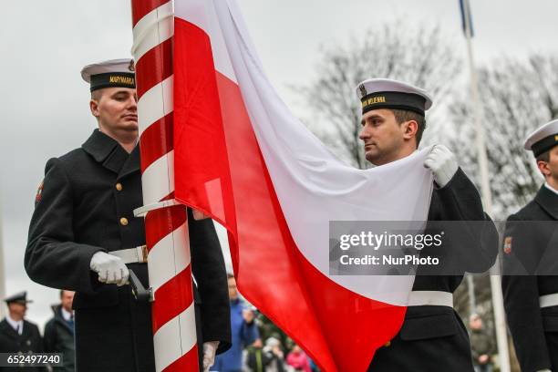 Poland and NATO flag raising ceremony is seen on 12 March 2017 in Gdynia, Poland. Polish Army celebrates 18th anniversary of joining to NATO...