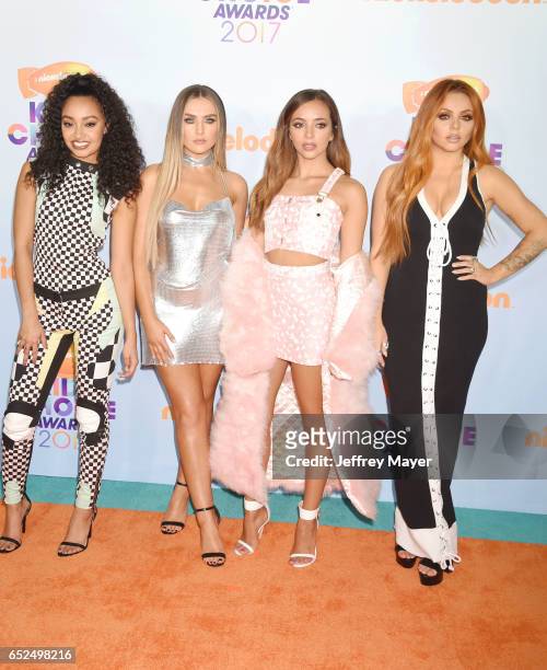Singers Leigh-Anne Pinnock, Perrie Edwards, Jesy Nelson and Jade Thirlwall of Little Mix arrive at the Nickelodeon's 2017 Kids' Choice Awards at USC...