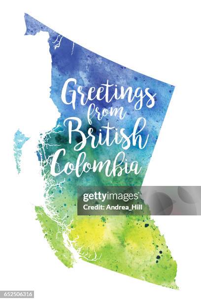 greetings from bc watercolor map - british columbia coast stock illustrations