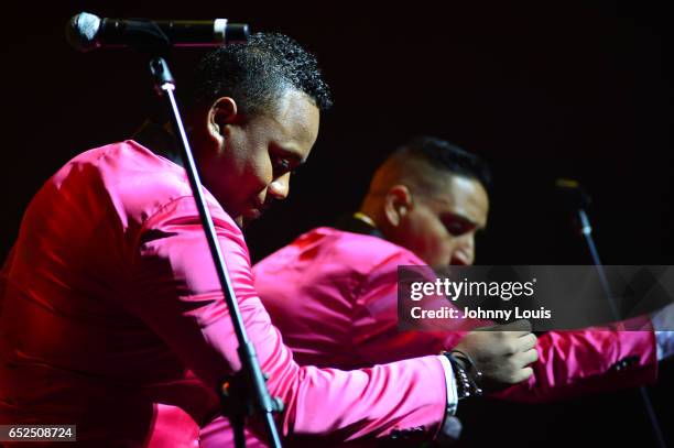 Eignar Renteria Serna and Willys del Arka of Orquesta Guayacan preform onstage during Viva La Salsa concert at James L. Knight Center on March 11,...