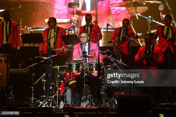 Eignar Renteria Serna and Willys del Arka of Orquesta Guayacan preform onstage during Viva La Salsa concert at James L. Knight Center on March 11,...