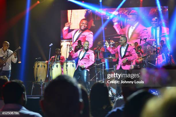 Eignar Renteria Serna and Willys del Arka of Orquesta Guayacan preform onstage during Viva La Salsa concert at James L. Knight Center on March 11,...