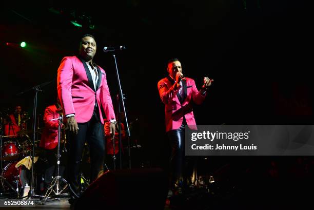 Eignar Renteria Serna and Willys del Arka of Orquesta Guayacan preform onstage during Viva La Salsa concert at James L. Knight Center on March 11,...