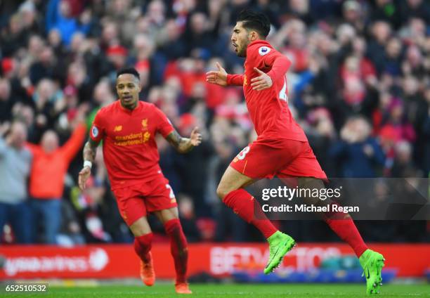 Emre Can of Liverpool celebrates with Nathaniel Clyne as he as he scores their second goal during the Premier League match between Liverpool and...