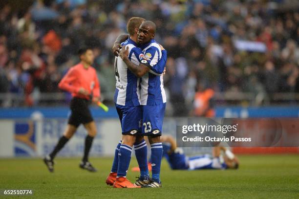 Alex Bergantinos and Gael Kakuta of RC Deportivo La Coruna celebrates the victory against FC Barcelona during the La Liga match between RC Deportivo...