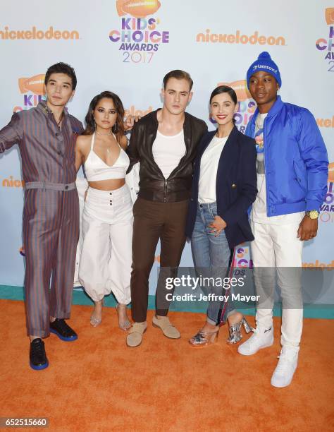 The cast of Power Rangers Ludi Lin, Becky G, Dacre Montgomery, Naomi Scott and RJ Cyler arrive at the Nickelodeon's 2017 Kids' Choice Awards at USC...