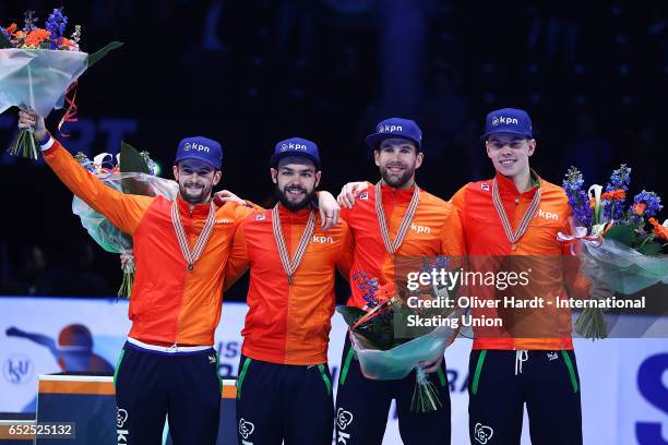 Team of Netherlands with Sjinkie Knegt, Dennis Visser, Itzhak de Laat and Daan Breeuwsma with the gold medal celebrate after the Men's 5000 meters...