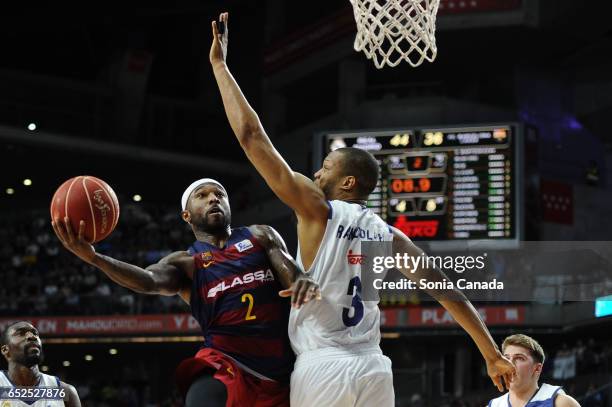 Tyrese Rice, #2 guard of FC Barcelona and Anthony Randolph, #3 center of Real Madrid during the Liga Endesa game between Real Madrid v FC Barcelona...