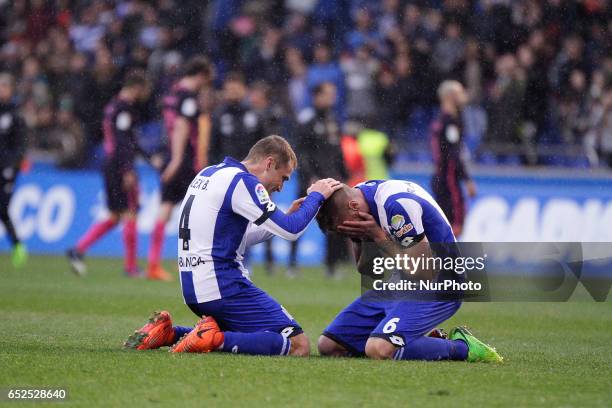 Alex Bergantiños midfielder of Deportivo de La Coruña and Raul Albentosa defender of Deportivo de La Coruña celebrate the victory during the La Liga...