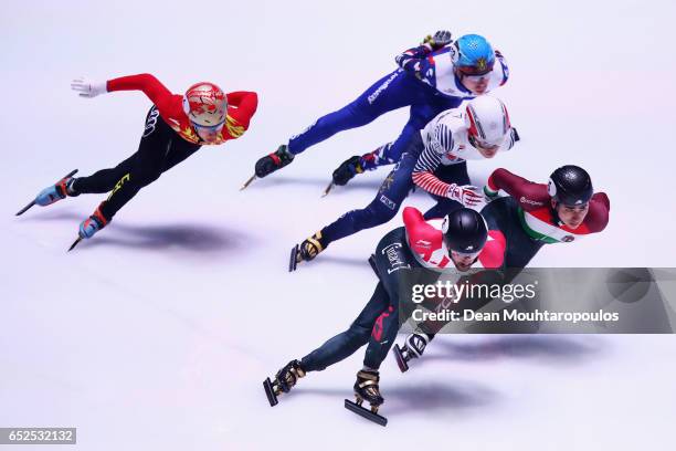 Seo Yi Ra of South Korea, #5 Shaoang Liu of Hungary, #2 Charles Hamelin of Canada, #1 Han Tianyu of China and Semen Elistratov of Russia compete on...