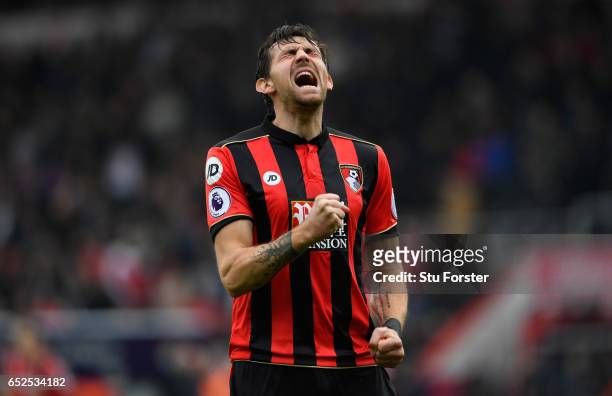 Bournemouth player Charlie Daniels reacts before the Premier League match between AFC Bournemouth and West Ham United at Vitality Stadium on March...