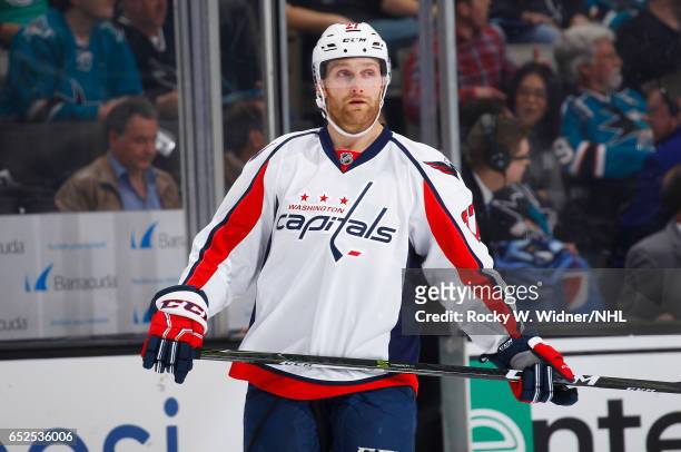 Karl Alzner of the Washington Capitals looks on during the game against the San Jose Sharks at SAP Center on March 9, 2017 in San Jose, California.