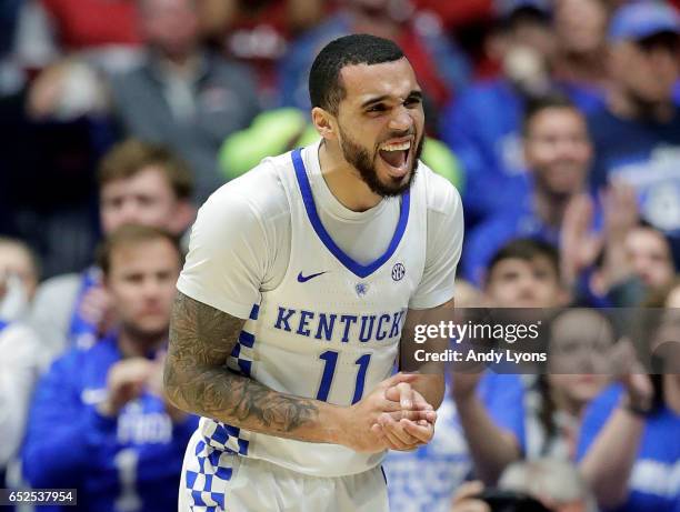 Mychal Mulder of the Kentucky Wildcats reacts against the Arkansas Razorbacks during the championship game at the 2017 Men's SEC Basketball...